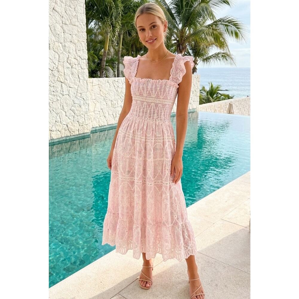 Rosie Posie Pink Smocked Midi Dress Small Romantic Cottagecore